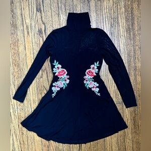 Black Floral Mock Neck Dress Juniors Large Goth Core Whimsigoth Dark Romance